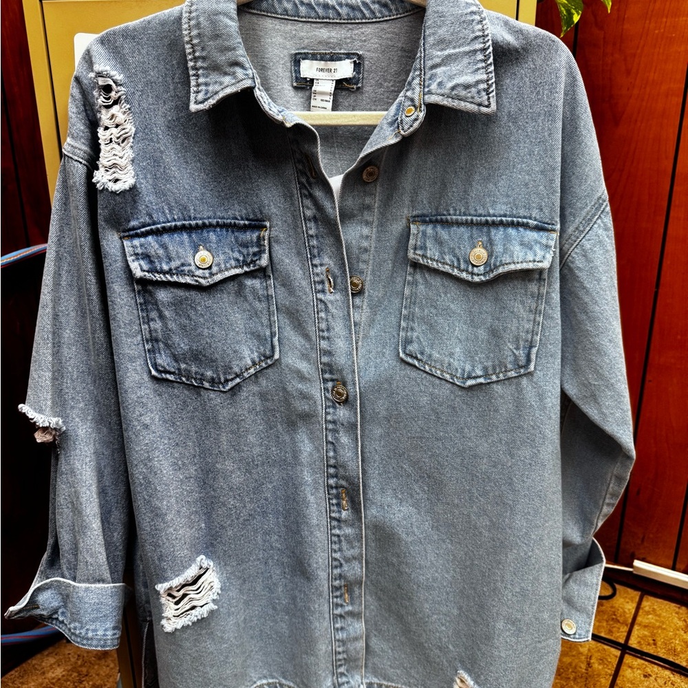 Washed Denim Shacket with Distressed Details